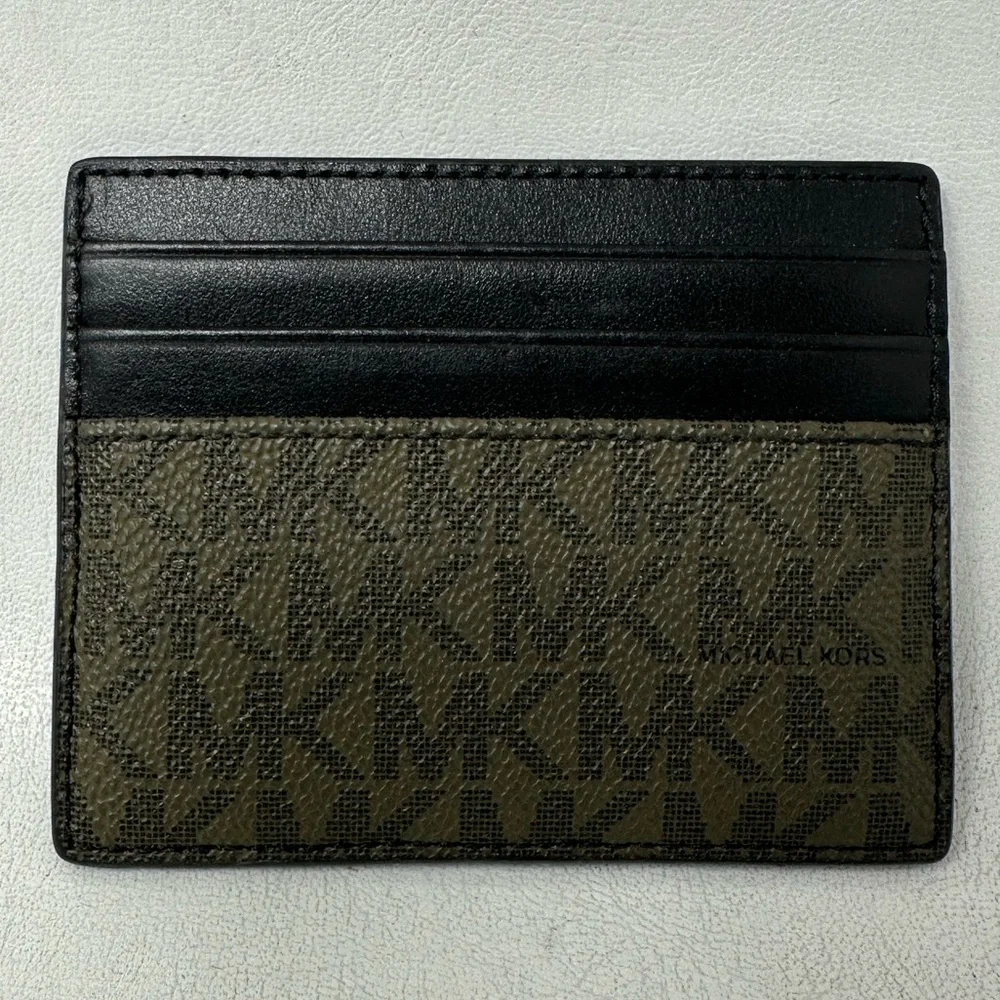 Michael Kors Hudson Logo Stripe Leather Card Case, Men's Size OS - Olive Green
